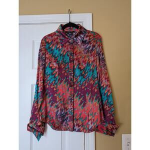 Etcetera Ikat Print Silk Blouse Size 6 Button Front Designer Dopamine Dressing